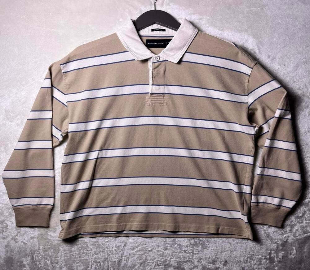 Abercrombie & Fitch Oversized Rugby Stripe Polo Shirt Men's M Long Sleeve Cotton